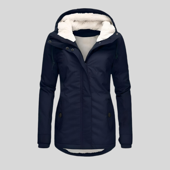 Long winter coat with hood and fleece lining