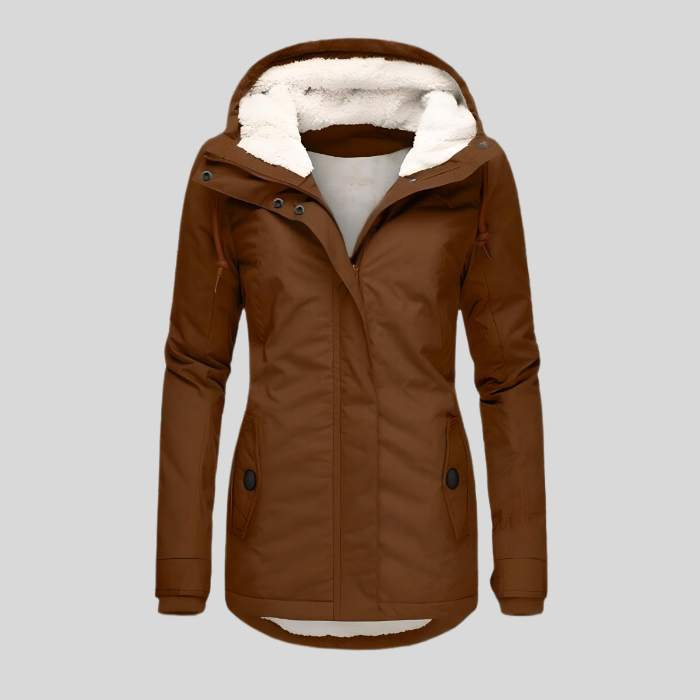 Long winter coat with hood and fleece lining