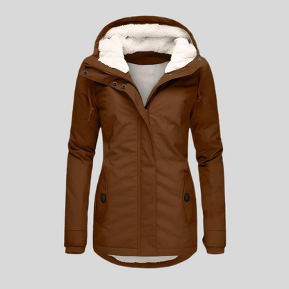 Long winter coat with hood and fleece lining