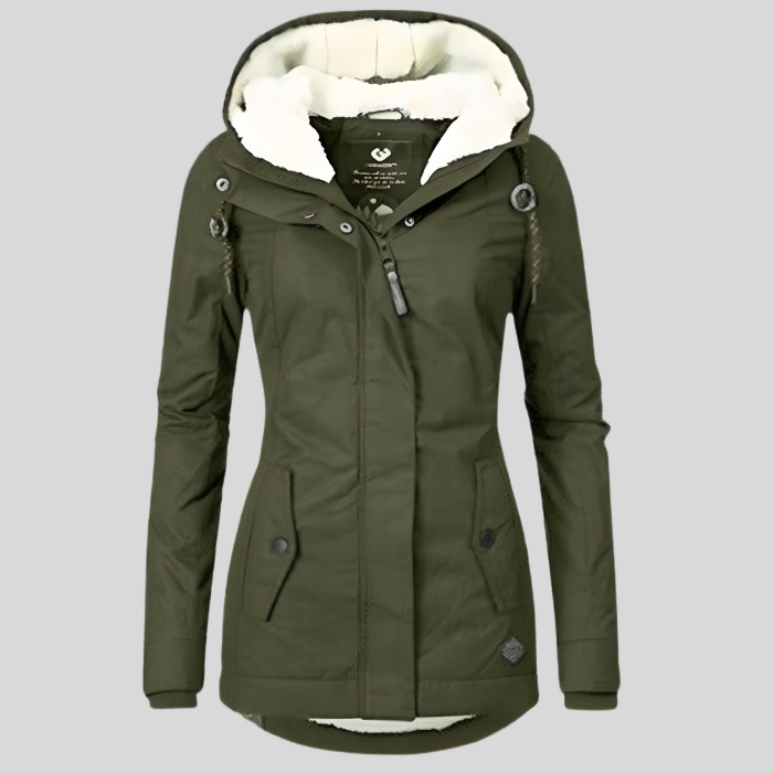 Long winter coat with hood and fleece lining