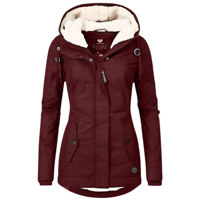 Long winter coat with hood and fleece lining