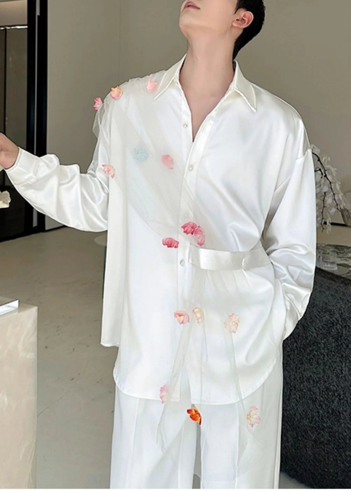 Men's Casual Oversized Patchwork Tulle Shirt 2
