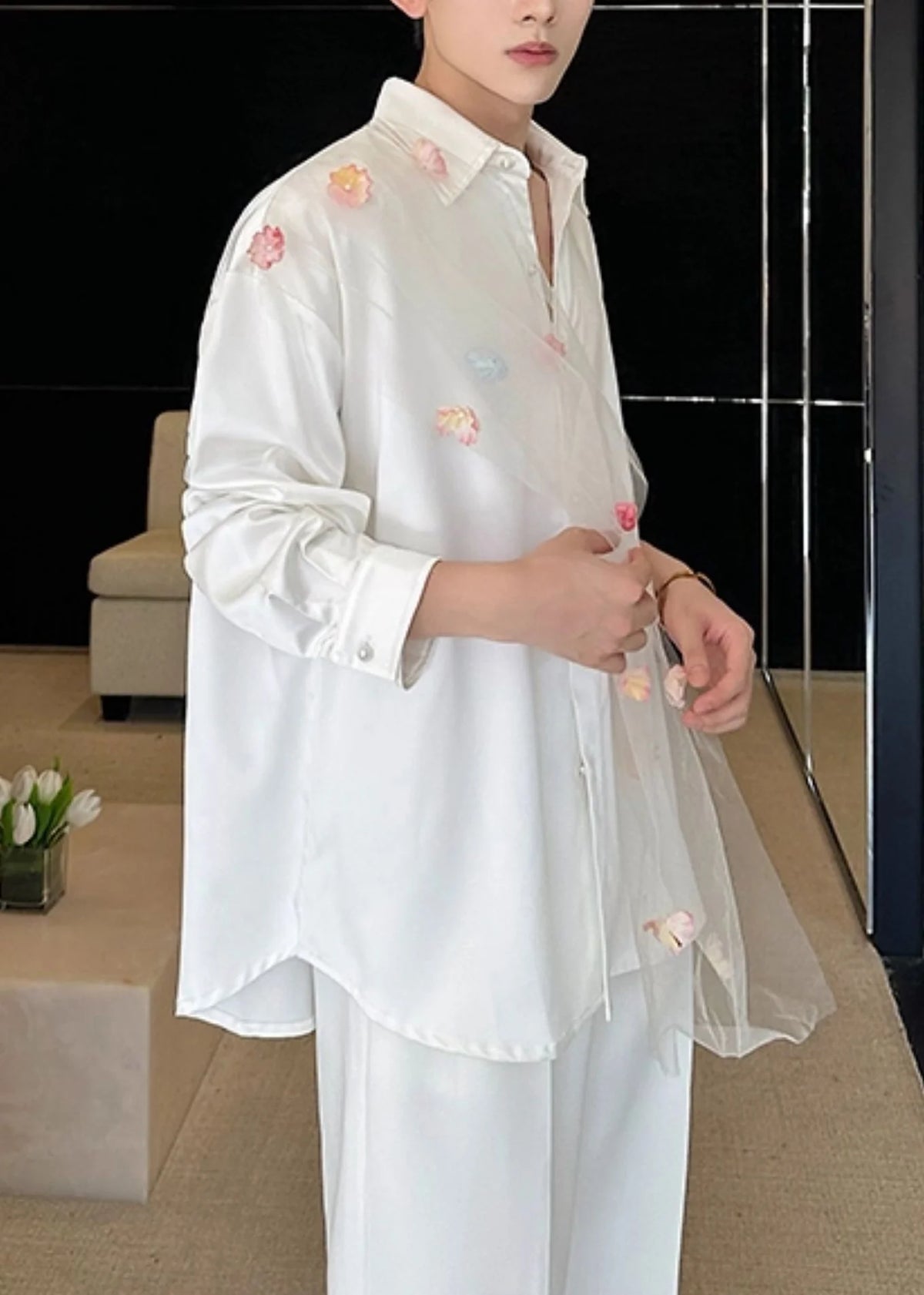 Men's Casual Oversized Patchwork Tulle Shirt 3