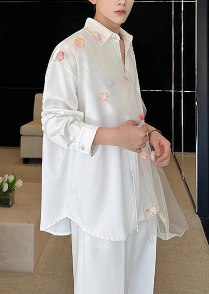 Men's Casual Oversized Patchwork Tulle Shirt 3