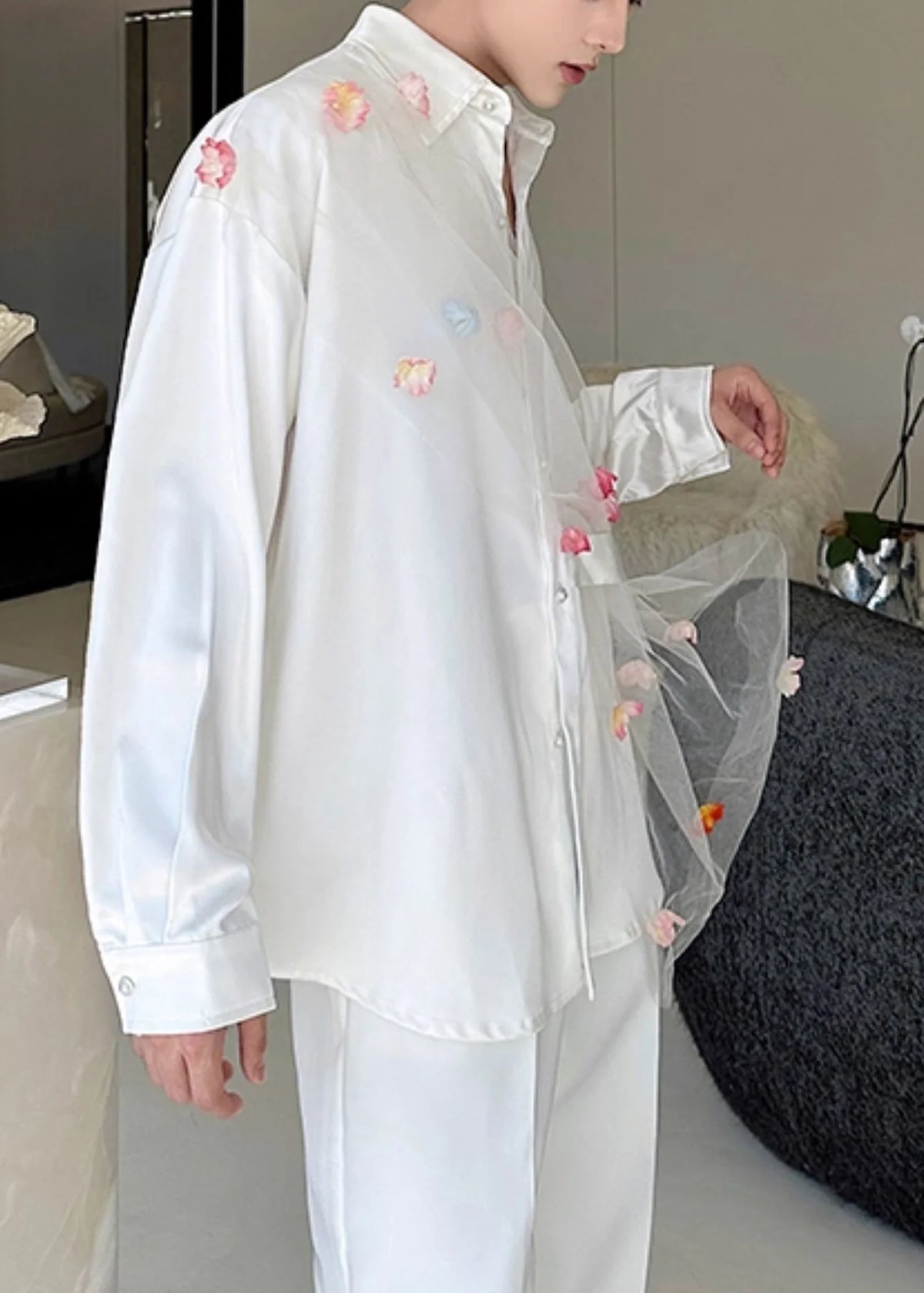 Men's Casual Oversized Patchwork Tulle Shirt 4