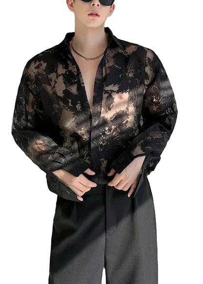 Men's Oversized Shirt Hollow Out Tulle Summer Style 0
