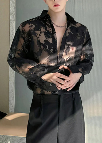 Men's Oversized Shirt Hollow Out Tulle Summer Style 1