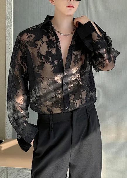 Men's Oversized Shirt Hollow Out Tulle Summer Style 2