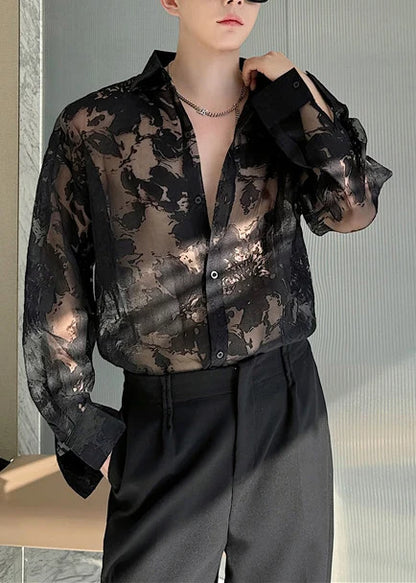 Men's Oversized Shirt Hollow Out Tulle Summer Style 2