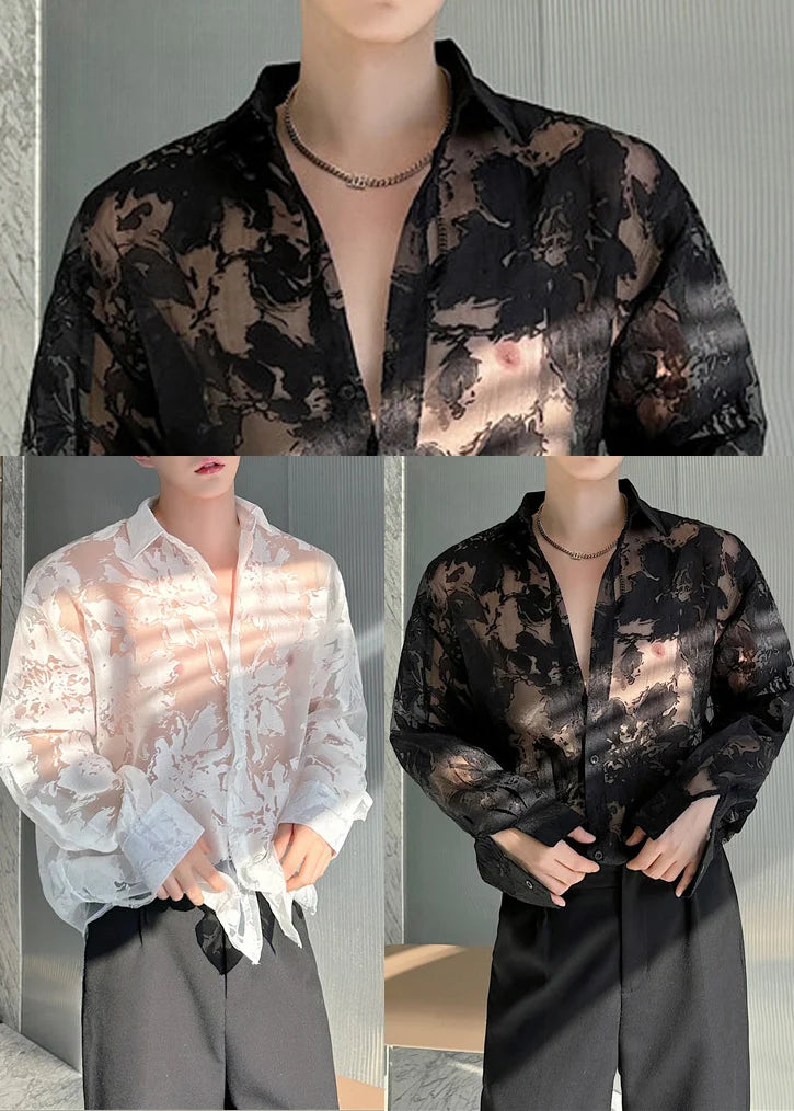 Men's Oversized Shirt Hollow Out Tulle Summer Style 3
