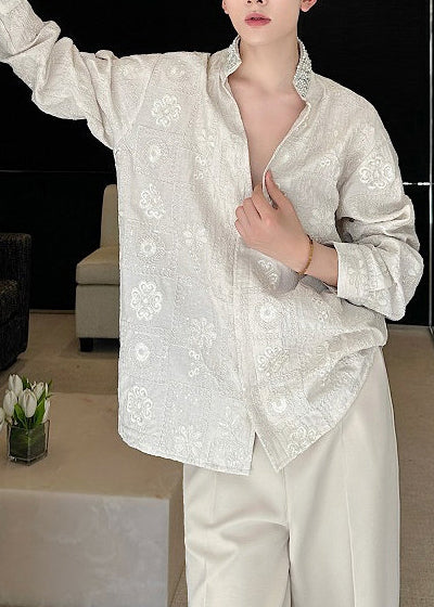 Men's Worker Shirt Stand Collar Embroidered Fall Style 0