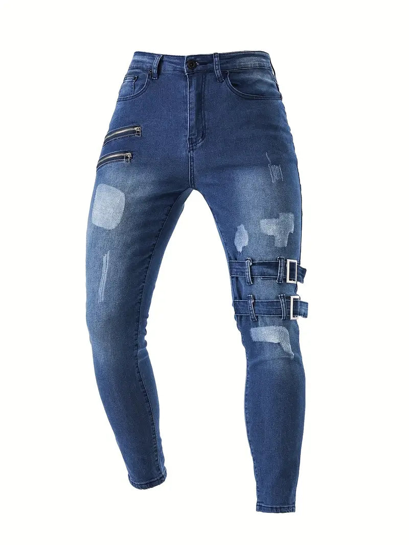 Men's Biker Jeans Casual Denim with Quilted Inserts and Zip Details