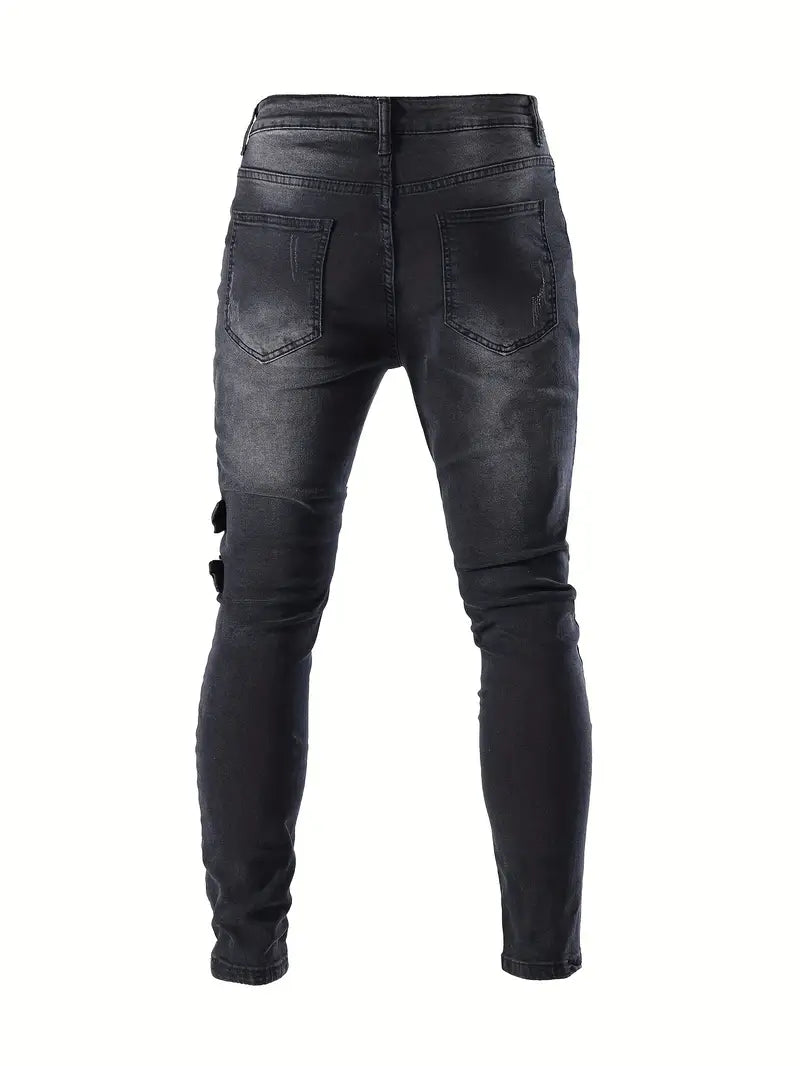 Men's Biker Jeans Casual Denim with Quilted Inserts and Zip Details