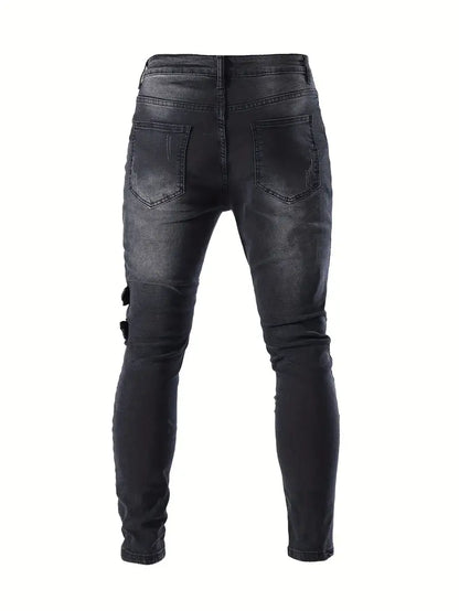 Men's Biker Jeans Casual Denim with Quilted Inserts and Zip Details