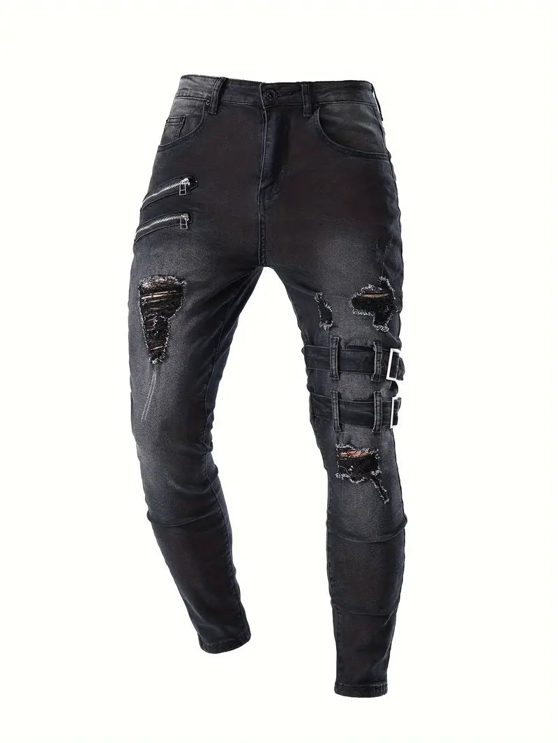 Men's Biker Jeans Casual Denim with Quilted Inserts and Zip Details