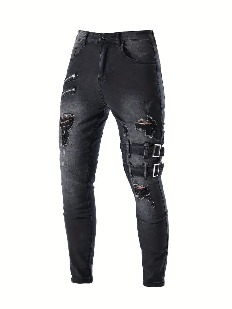 Men's Biker Jeans Casual Denim with Quilted Inserts and Zip Details