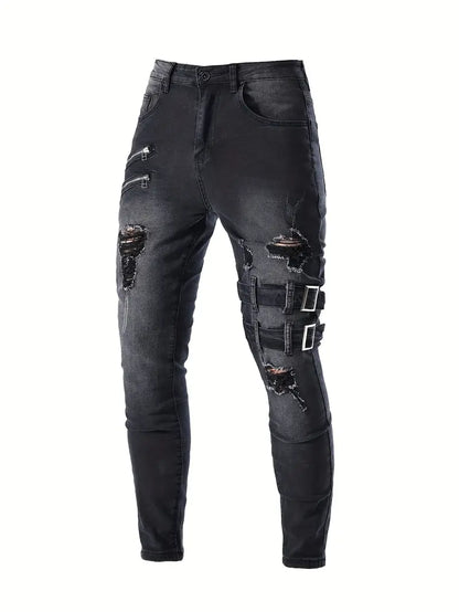 Men's Biker Jeans Casual Denim with Quilted Inserts and Zip Details