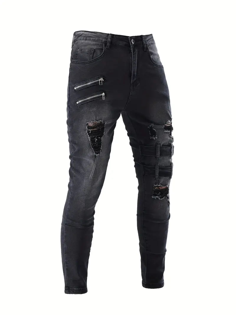 Men's Biker Jeans Casual Denim with Quilted Inserts and Zip Details