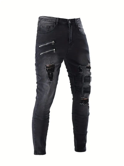 Men's Biker Jeans Casual Denim with Quilted Inserts and Zip Details