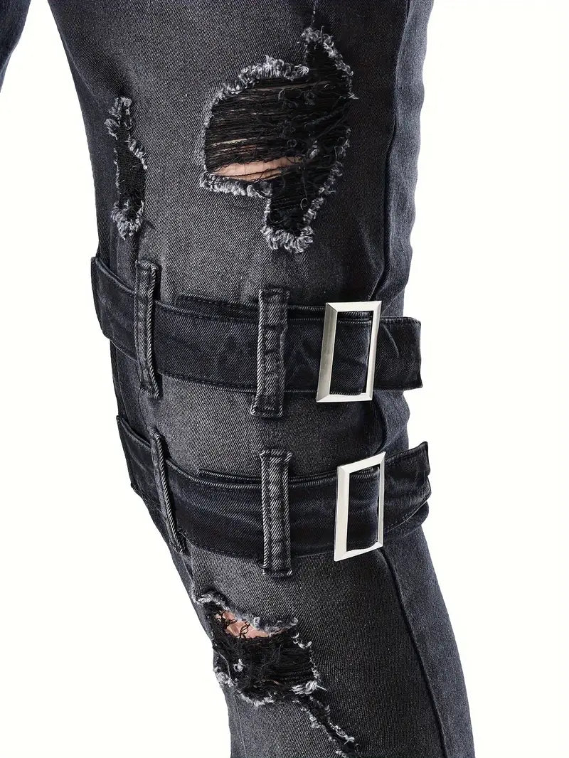 Men's Biker Jeans Casual Denim with Quilted Inserts and Zip Details