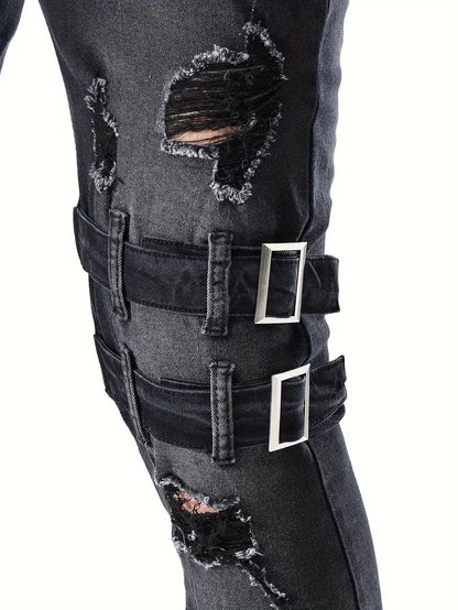 Men's Biker Jeans Casual Denim with Quilted Inserts and Zip Details