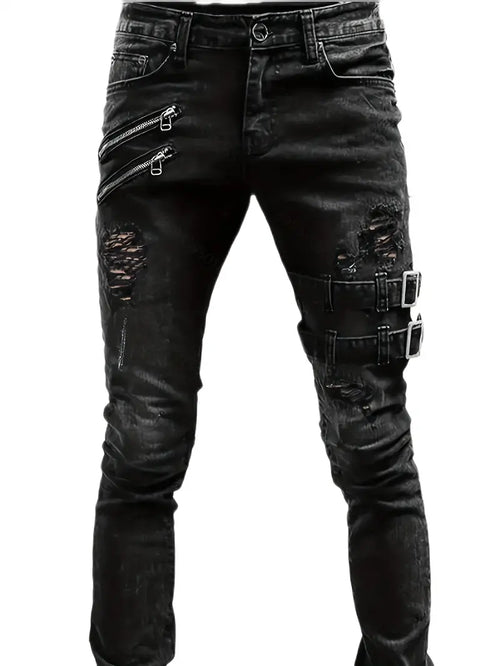 Men's Biker Jeans Casual Denim with Quilted Inserts and Zip Details