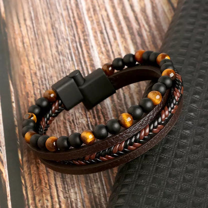 Men's Bracelet Set Braided Faux Leather and Pearl for Stylish Looks