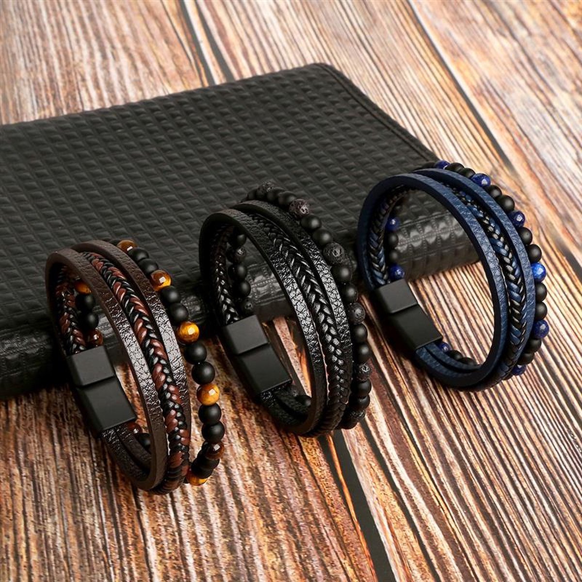 Men's Bracelet Set Braided Faux Leather and Pearl for Stylish Looks