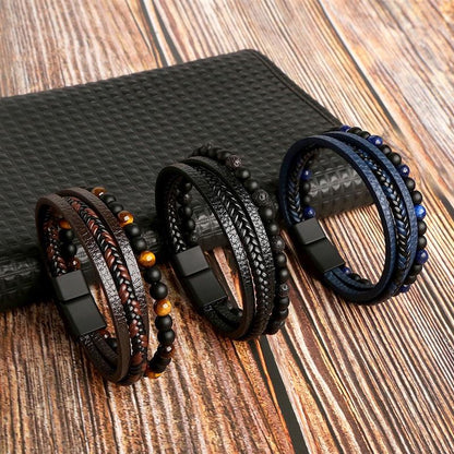 Men's Bracelet Set Braided Faux Leather and Pearl for Stylish Looks