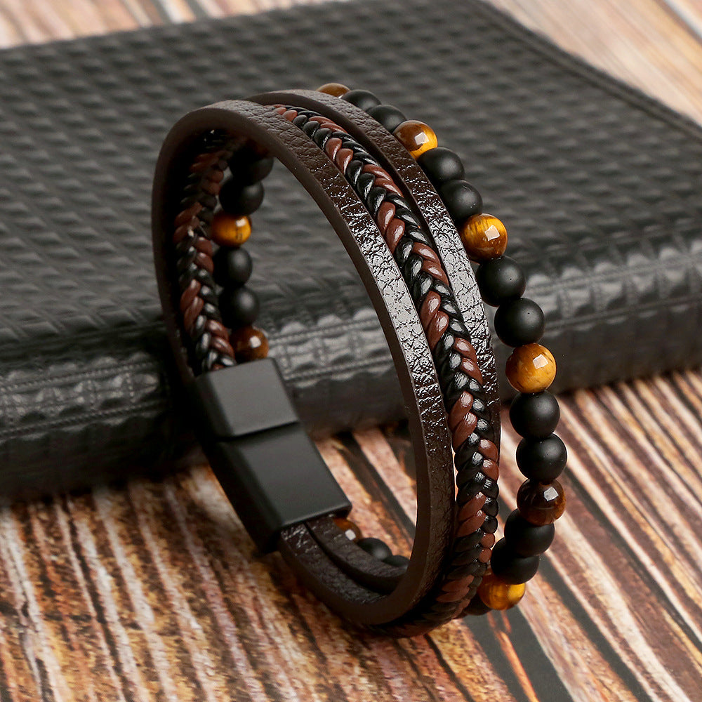 Men's Bracelet Set Braided Faux Leather and Pearl for Stylish Looks