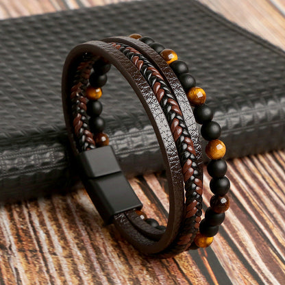 Men's Bracelet Set Braided Faux Leather and Pearl for Stylish Looks