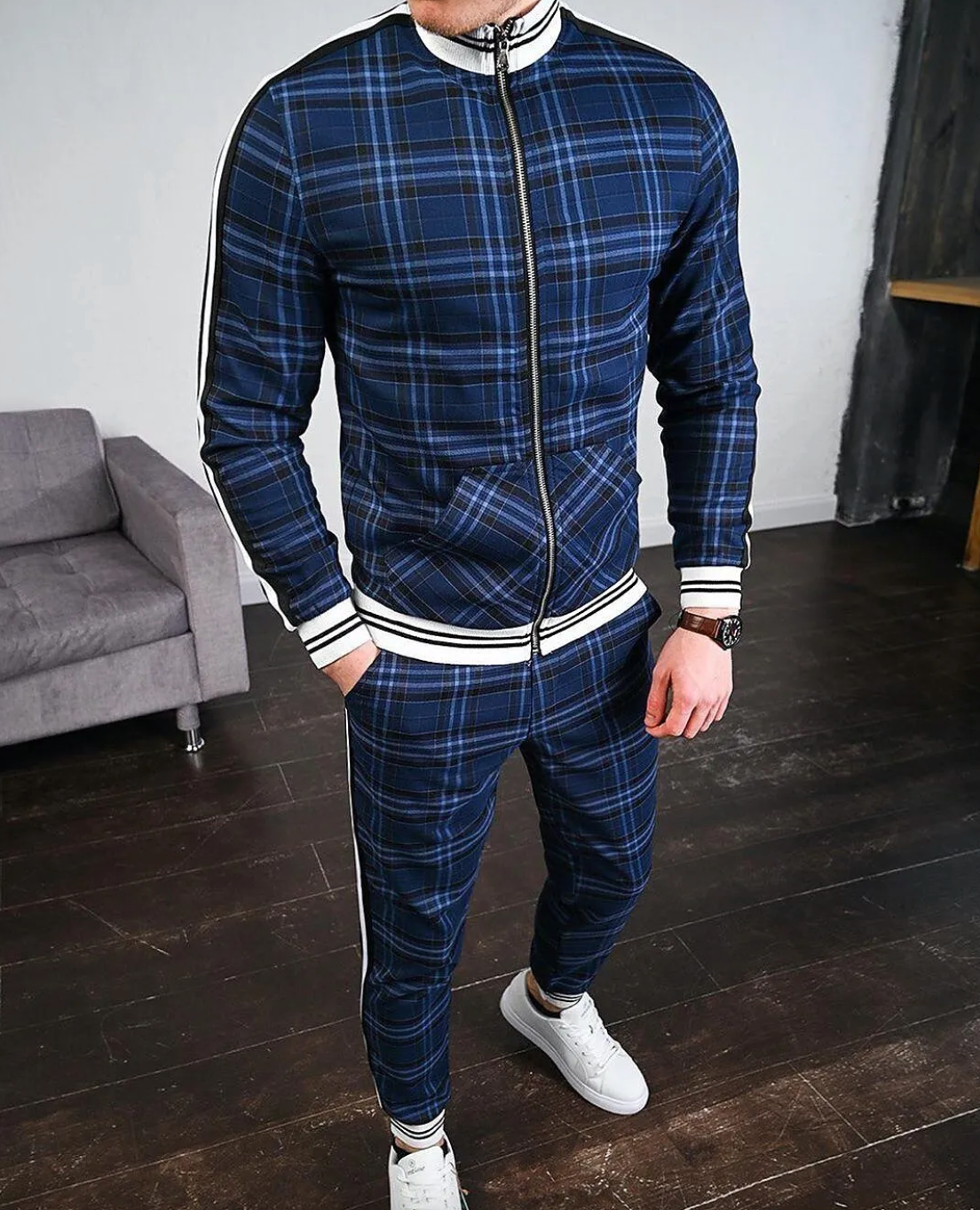 Men's Casual Set Long Sleeve Polyester Blend With Stand-Up Collar