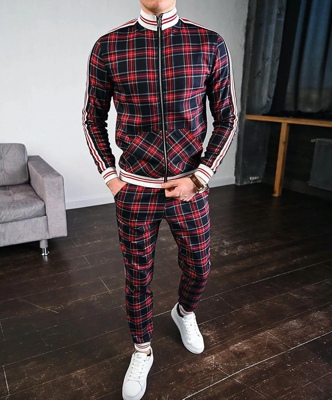Men's Casual Set Long Sleeve Polyester Blend With Stand-Up Collar