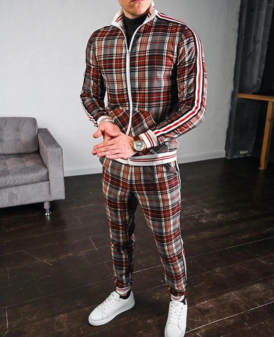 Men's Casual Set Long Sleeve Polyester Blend With Stand-Up Collar