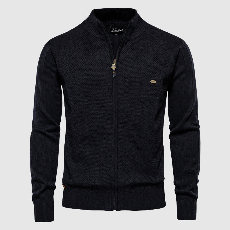 Men's Cotton Zipped Cardigan Stand-up Collar Ribbed Cuffs