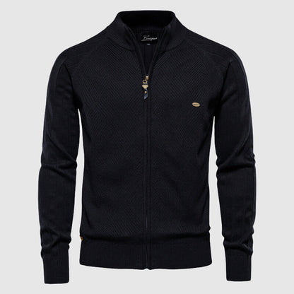 Men's Cotton Zipped Cardigan Stand-up Collar Ribbed Cuffs