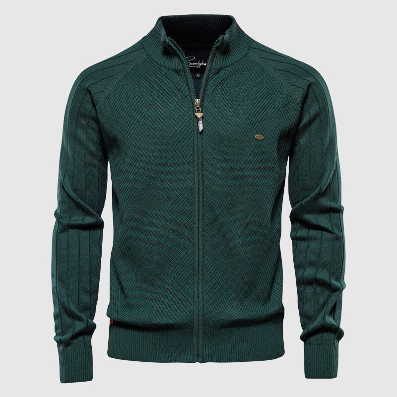 Men's Cotton Zipped Cardigan Stand-up Collar Ribbed Cuffs