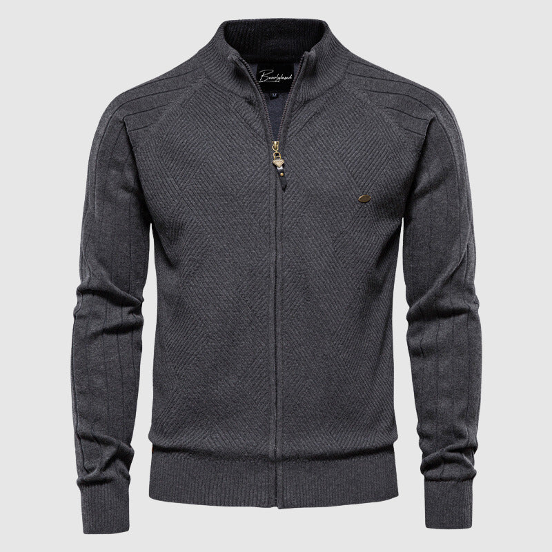 Men's Cotton Zipped Cardigan Stand-up Collar Ribbed Cuffs