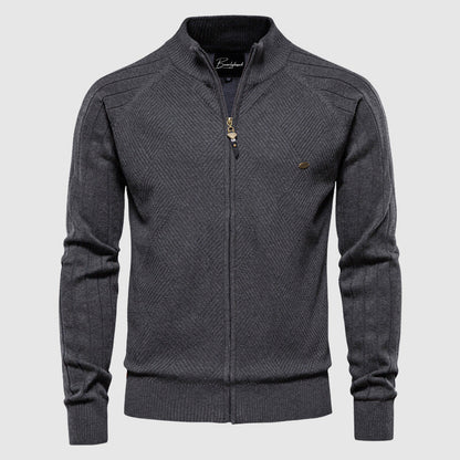 Men's Cotton Zipped Cardigan Stand-up Collar Ribbed Cuffs