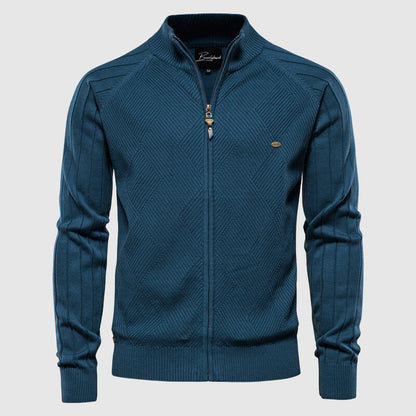 Men's Cotton Zipped Cardigan Stand-up Collar Ribbed Cuffs