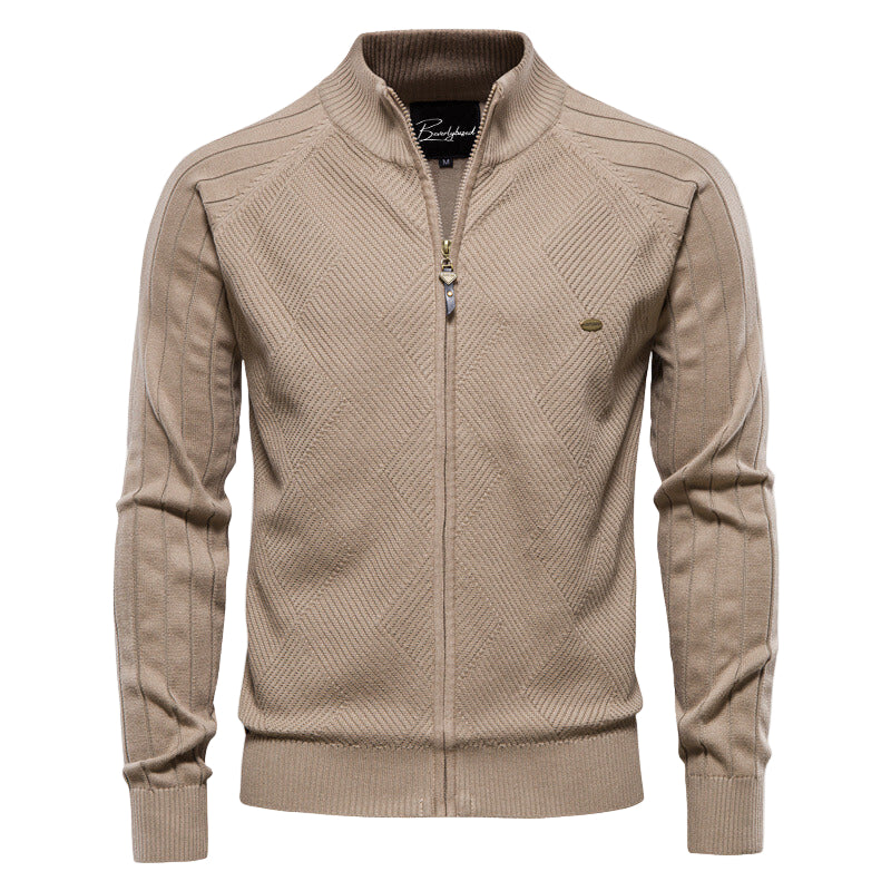 Men's Cotton Zipped Cardigan Stand-up Collar Ribbed Cuffs