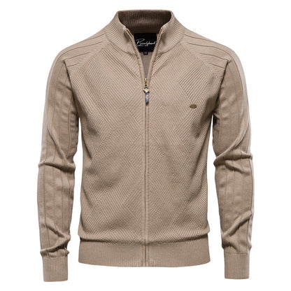 Men's Cotton Zipped Cardigan Stand-up Collar Ribbed Cuffs