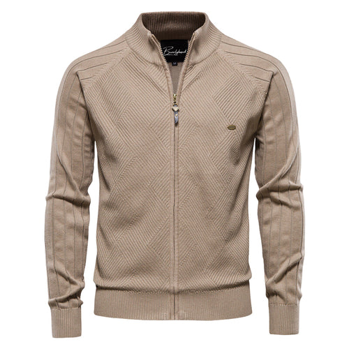 Men's Cotton Zipped Cardigan Stand-up Collar Ribbed Cuffs
