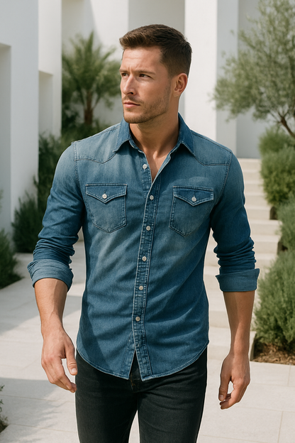 Men's Denim Shirt Retro Style With Button Pockets