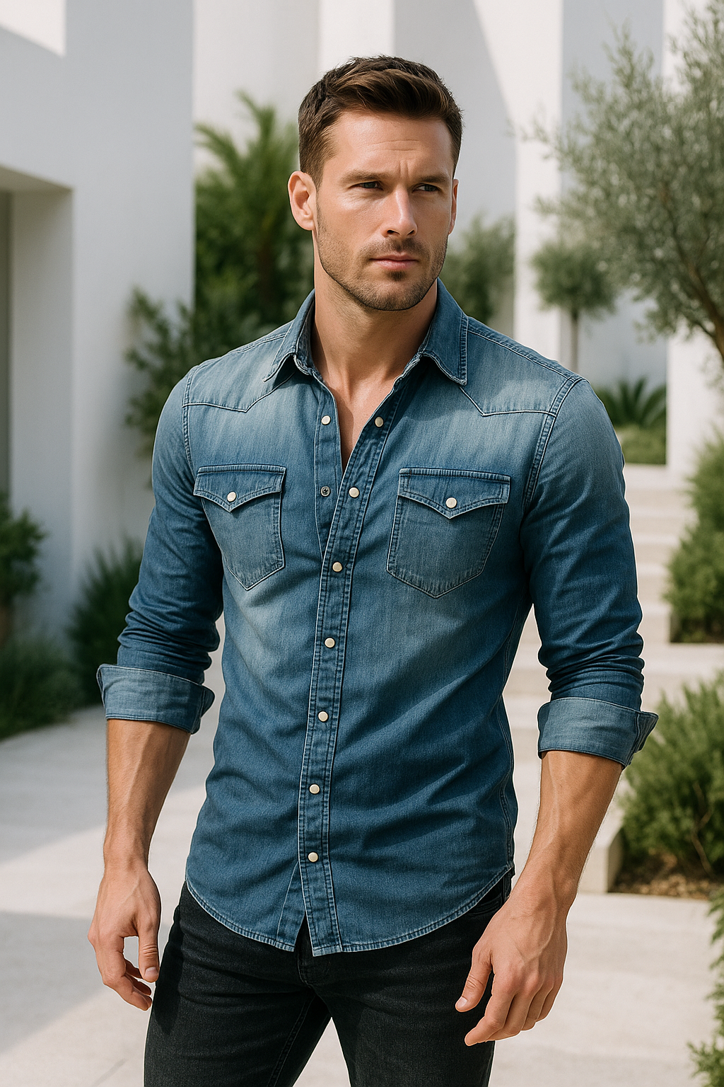 Men's Denim Shirt Retro Style With Button Pockets