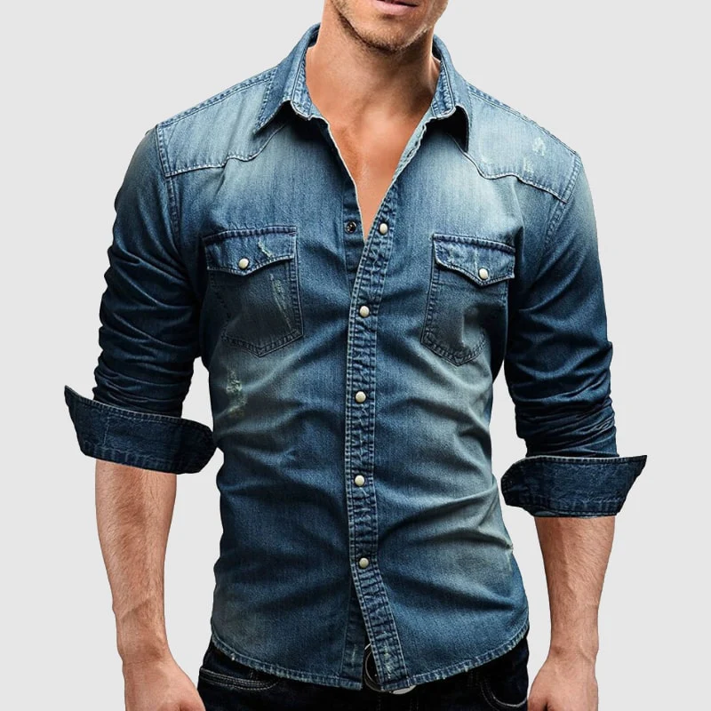 Men's Denim Shirt Retro Style With Button Pockets