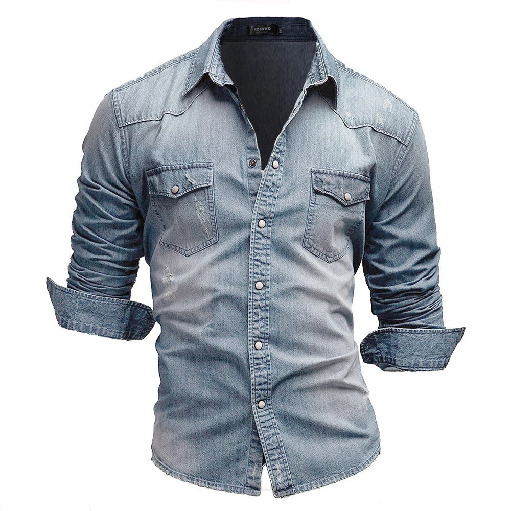 Men's Denim Shirt Retro Style With Button Pockets