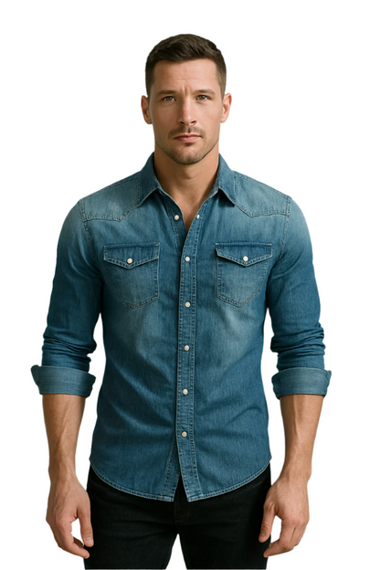 Men's Denim Shirt Retro Style With Button Pockets