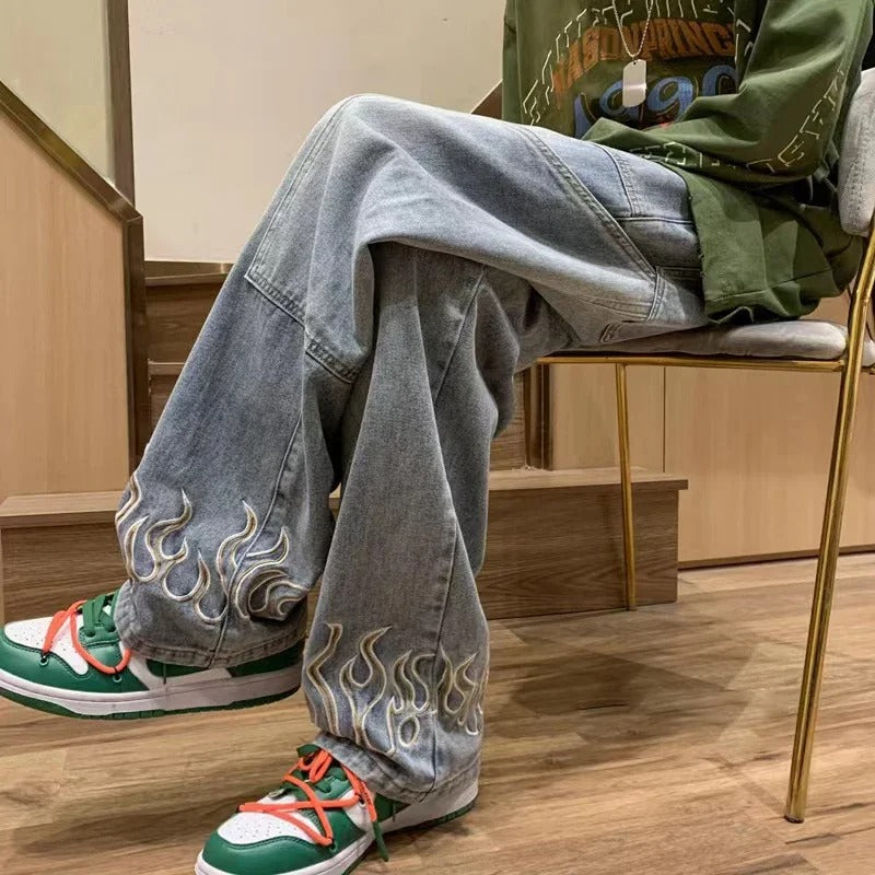 Men's Jeans Unique Flame Design Cotton Soft Denim