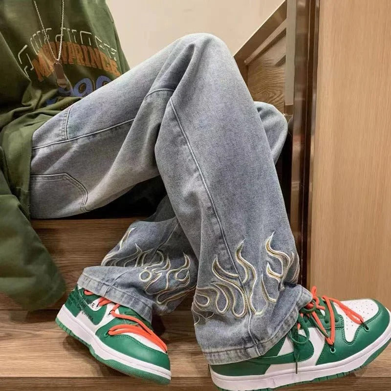 Men's Jeans Unique Flame Design Cotton Soft Denim